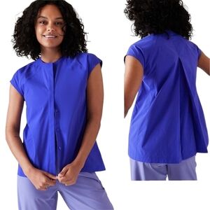 Athleta Performance Poplin Cap Sleeve Button Front Popover Top Blue - Sz XS